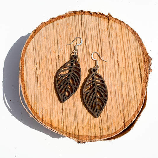 Birch Diffuser Earrings - Large Leaves, Dark Walnut Stain